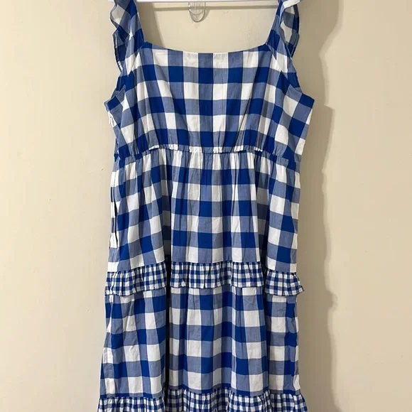 J.Crew Flutter-Sleeve Ruffle-Tiered Midi Dress Gingham Combo Blue White Size XL - Picture 13 of 14